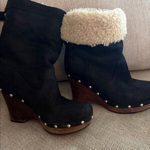 UGG Black Shearling-Trim Wedge Boots